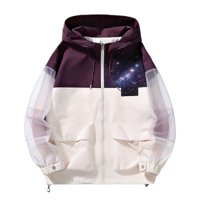 Purple-White Full-Zip Hooded Jacket with Starry Sky Print & Sheer Sleeves