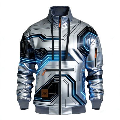 Men's Full-Zip Stand Collar Jacket with Tech Circuit Board Print