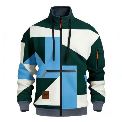 Men's Full-Zip Stand Collar Jacket with Geometric Patchwork Print