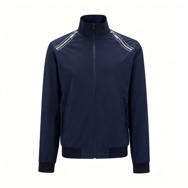 Men's Navy Stand-Collar Jacket with White Letter Strap Print