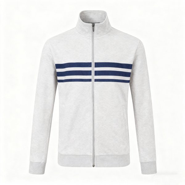 Men's Gray Stand-Collar Jacket with Navy Stripe Print