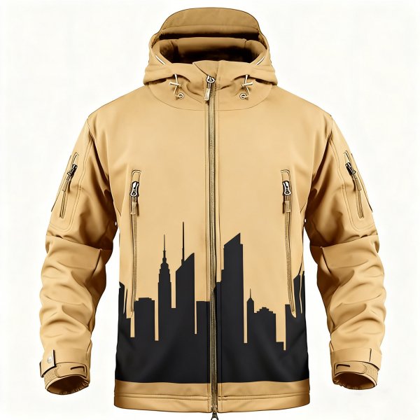 Men's Khaki Hooded Jacket with Black City Skyline Print