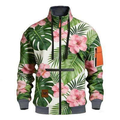 Men's Full-Zip Stand Collar Jacket with Tropical Floral Print