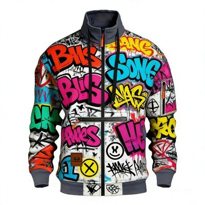 Men's Full-Zip Stand Collar Jacket with Colorful Graffiti Print