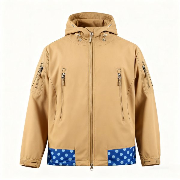 Men's Khaki Hooded Jacket with Blue Polka Dot Hem Print