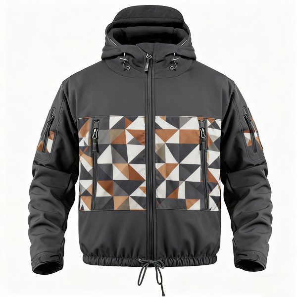 Men's Black Hooded Jacket with Geometric Panel Print