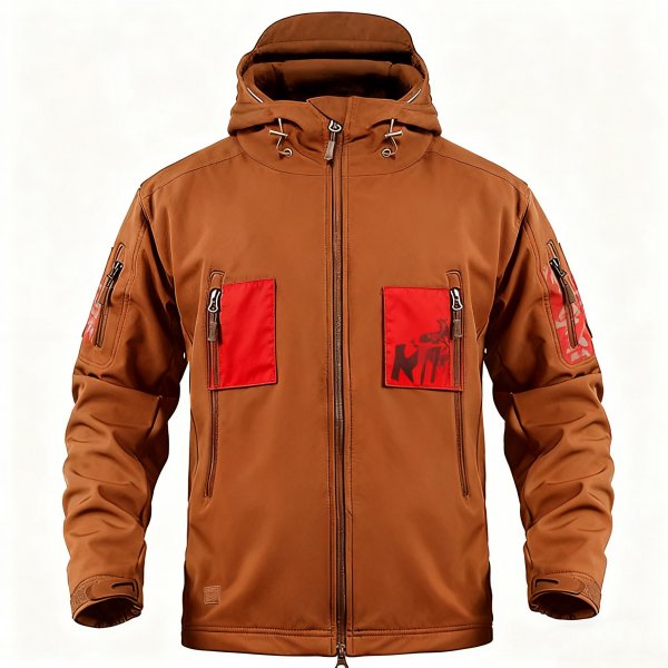 Men's Brown Hooded Jacket with Red Patch & Letter Print